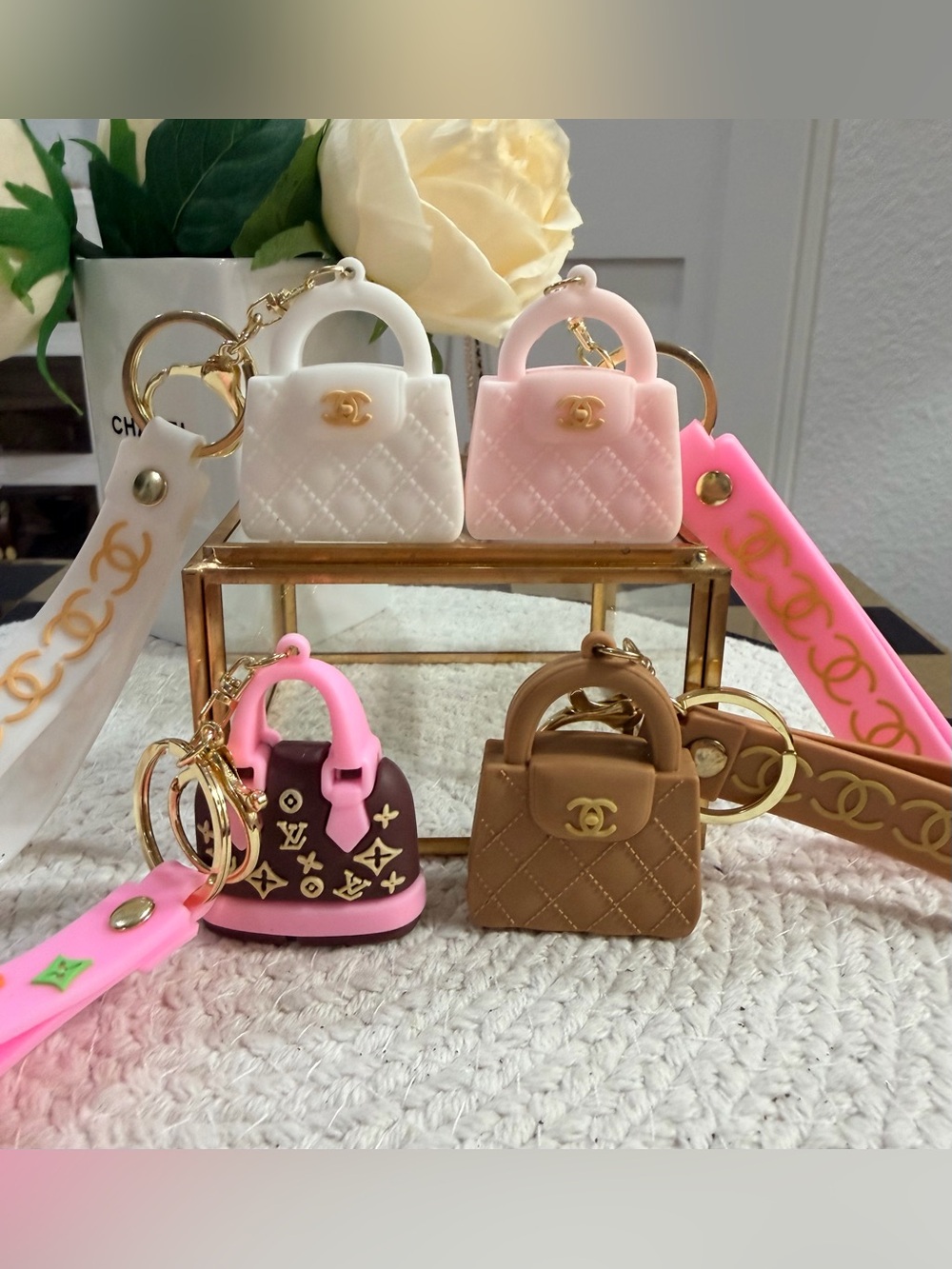 Novelty Fashion Mini Quilted Bag Keychains - White, Pink, Brown, Brown/Pink - Picture 6 of 6
